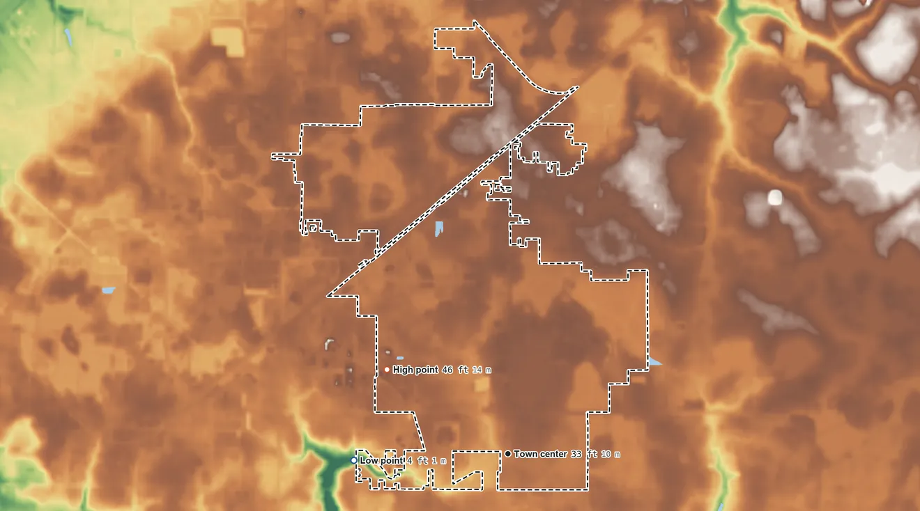 Topographic elevation map of Cedar Grove, Florida, shaded from 4 ft on the west side to 46 ft on the northwest side