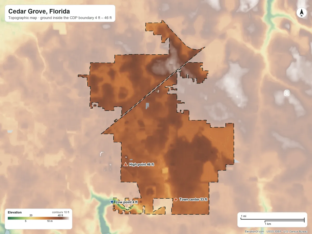 Topographic elevation map of Cedar Grove, Florida, shaded from 4 ft on the west side to 46 ft on the northwest side