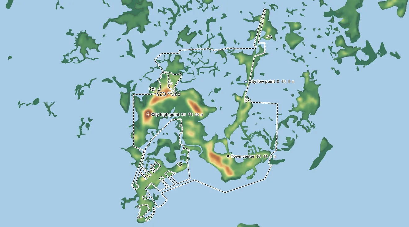 Topographic elevation map of Cedar Key, Florida, shaded from sea level level on the Gulf of America to 34 ft on Hodgson Hill