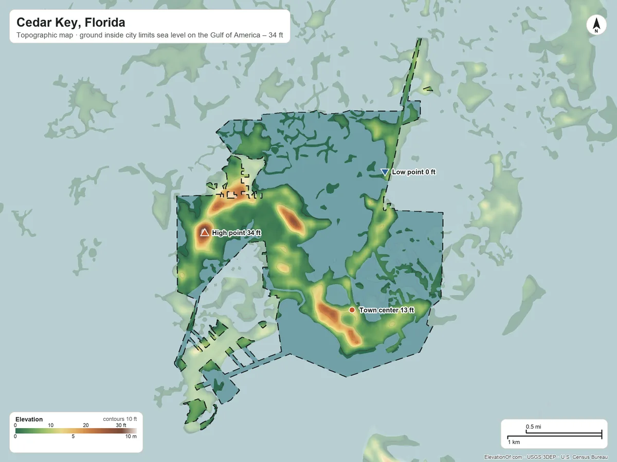 Topographic elevation map of Cedar Key, Florida, shaded from sea level level on the Gulf of America to 34 ft on Hodgson Hill