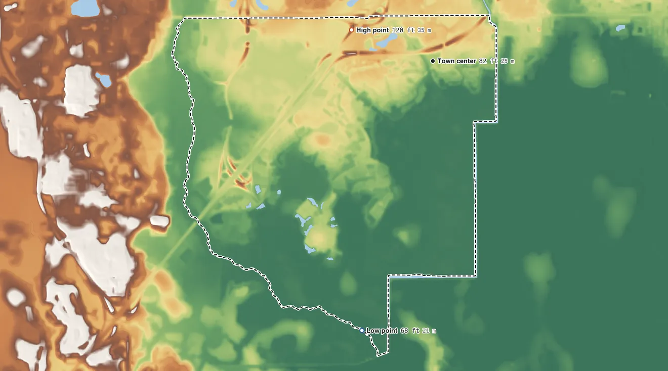 Topographic elevation map of Celebration, Florida, shaded from 68 ft on the south side to 120 ft on the west side
