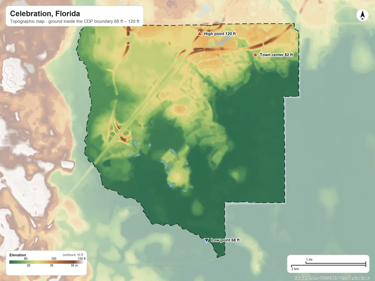 Topographic elevation map of Celebration, Florida, shaded from 68 ft on the south side to 120 ft on the west side