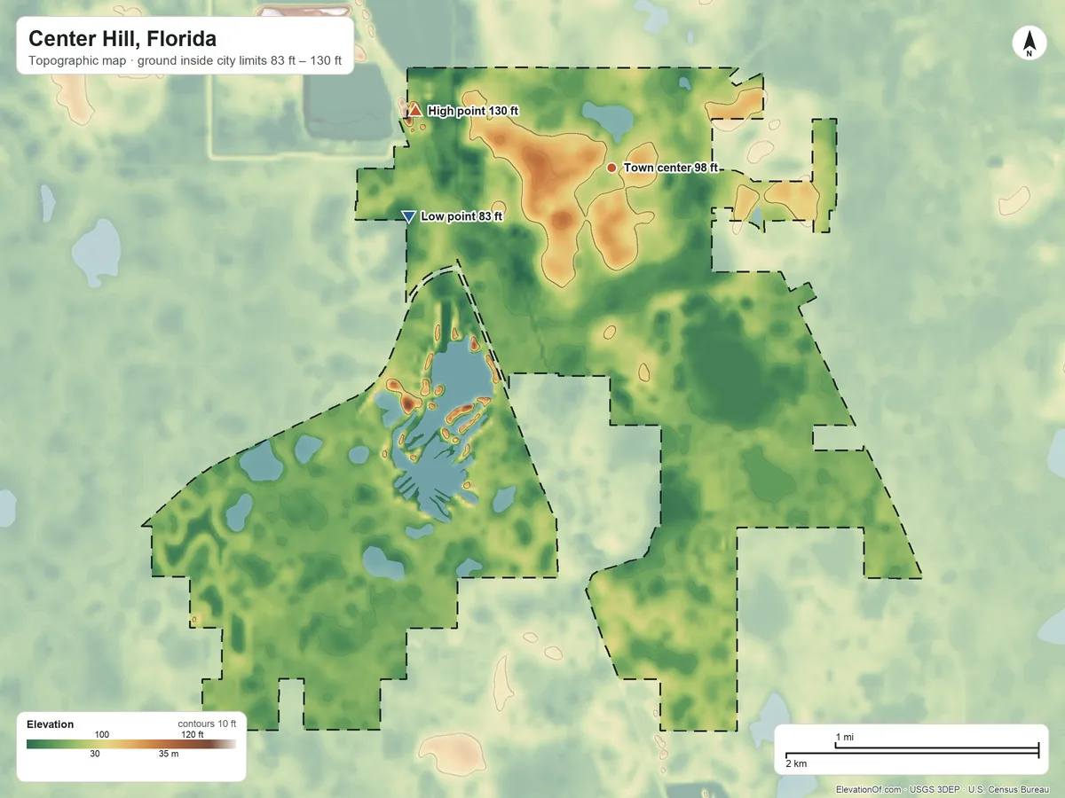 Topographic elevation map of Center Hill, Florida, shaded from 83 ft on the west side to 130 ft on the west side