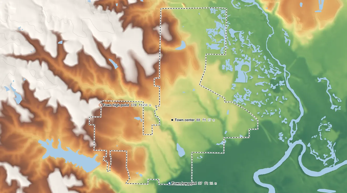 Topographic elevation map of Century, Florida, shaded from 37 ft on the south side to 170 ft on the west side