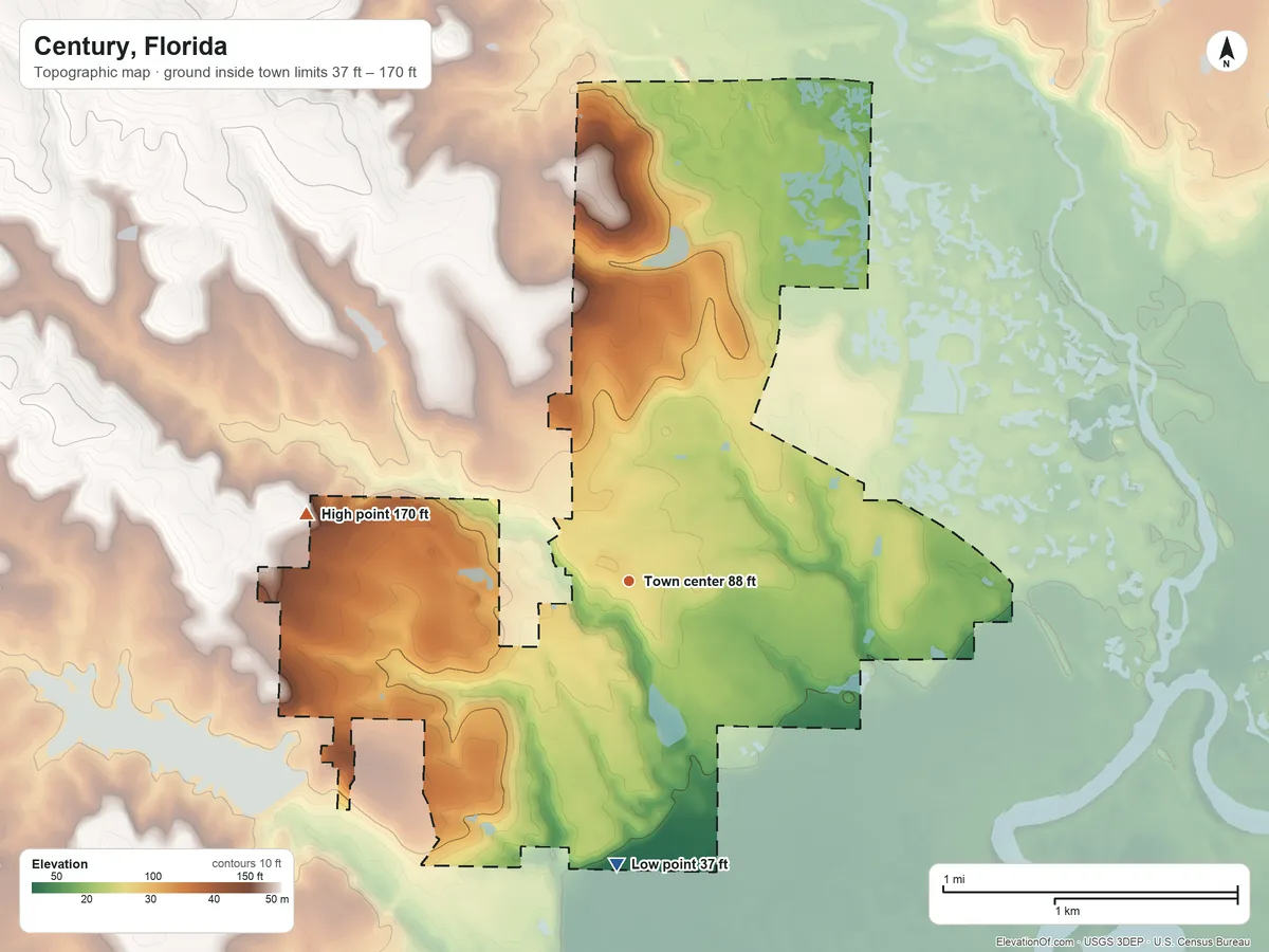 Topographic elevation map of Century, Florida, shaded from 37 ft on the south side to 170 ft on the west side