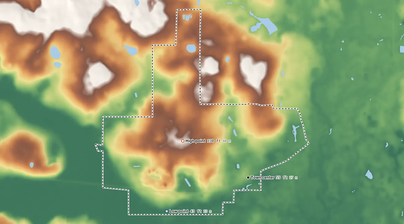 Topographic elevation map of Chaires, Florida, shaded from 43 ft on the southwest side to 130 ft on the northwest side