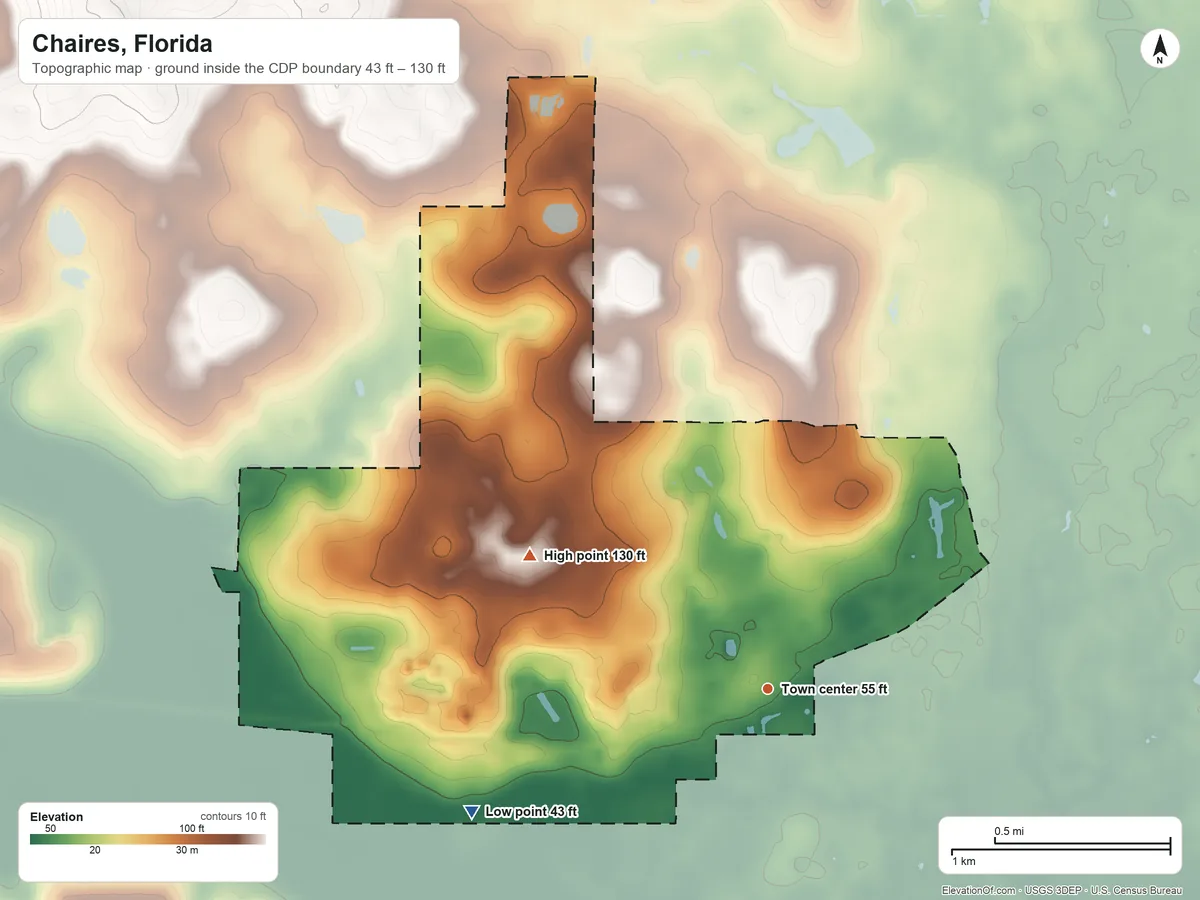 Topographic elevation map of Chaires, Florida, shaded from 43 ft on the southwest side to 130 ft on the northwest side