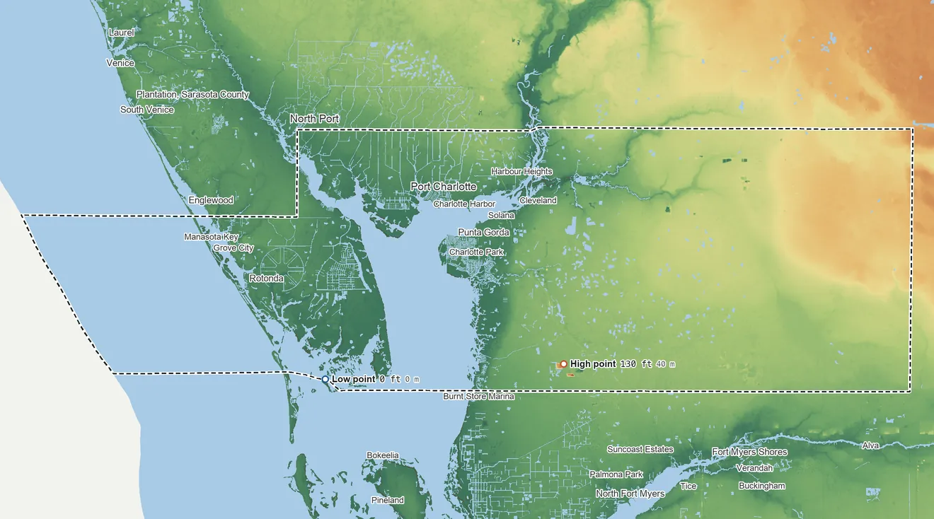 Topographic elevation map of Charlotte County, Florida, shaded from sea level on Bull Bay to 130 ft on the southeast side