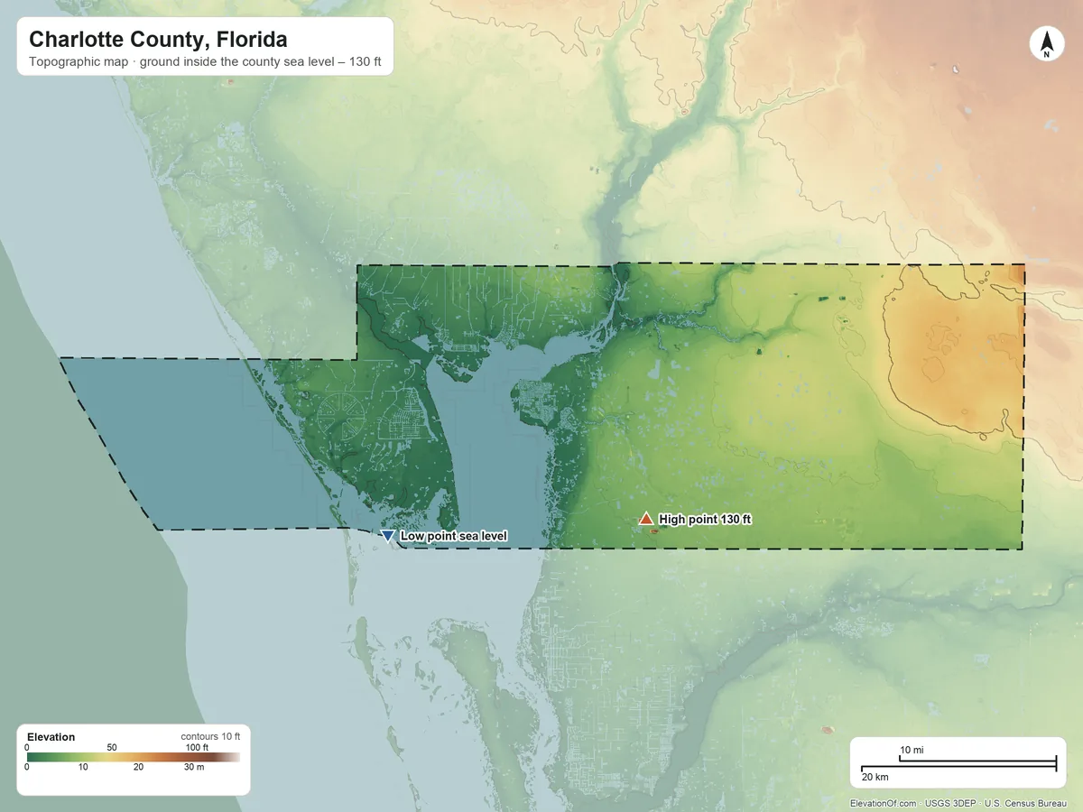 Topographic elevation map of Charlotte County, Florida, shaded from sea level on Bull Bay to 130 ft on the southeast side