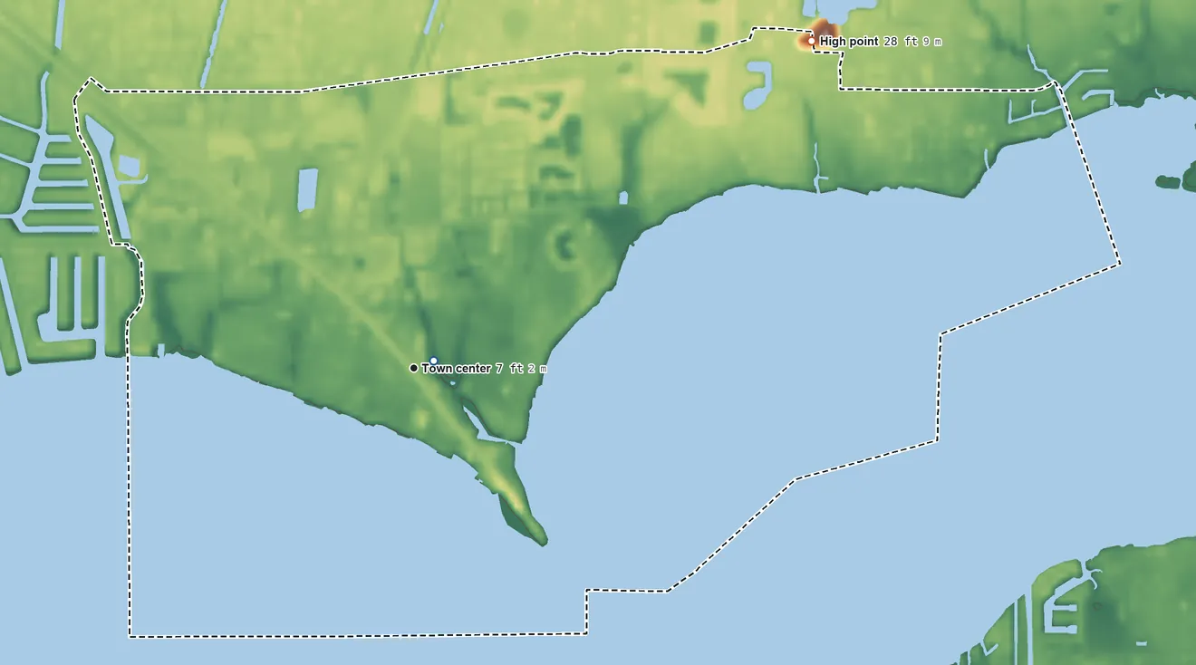 Topographic elevation map of Charlotte Harbor, Florida, shaded from sea level level on the Peace River to 28 ft on the northeast side