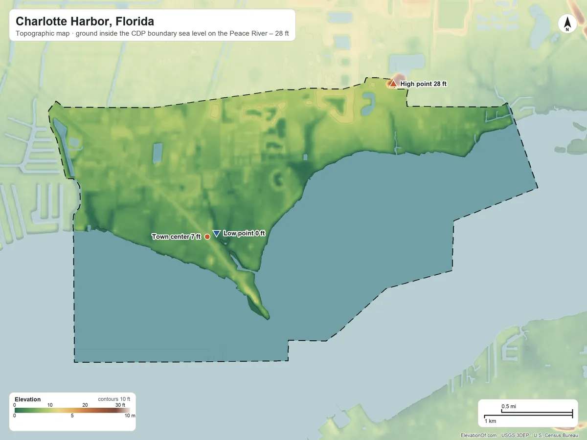 Topographic elevation map of Charlotte Harbor, Florida, shaded from sea level level on the Peace River to 28 ft on the northeast side