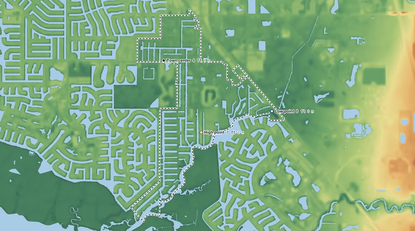 Topographic elevation map of Charlotte Park, Florida, shaded from 0 ft on the southeast side to 7 ft on the southeast side