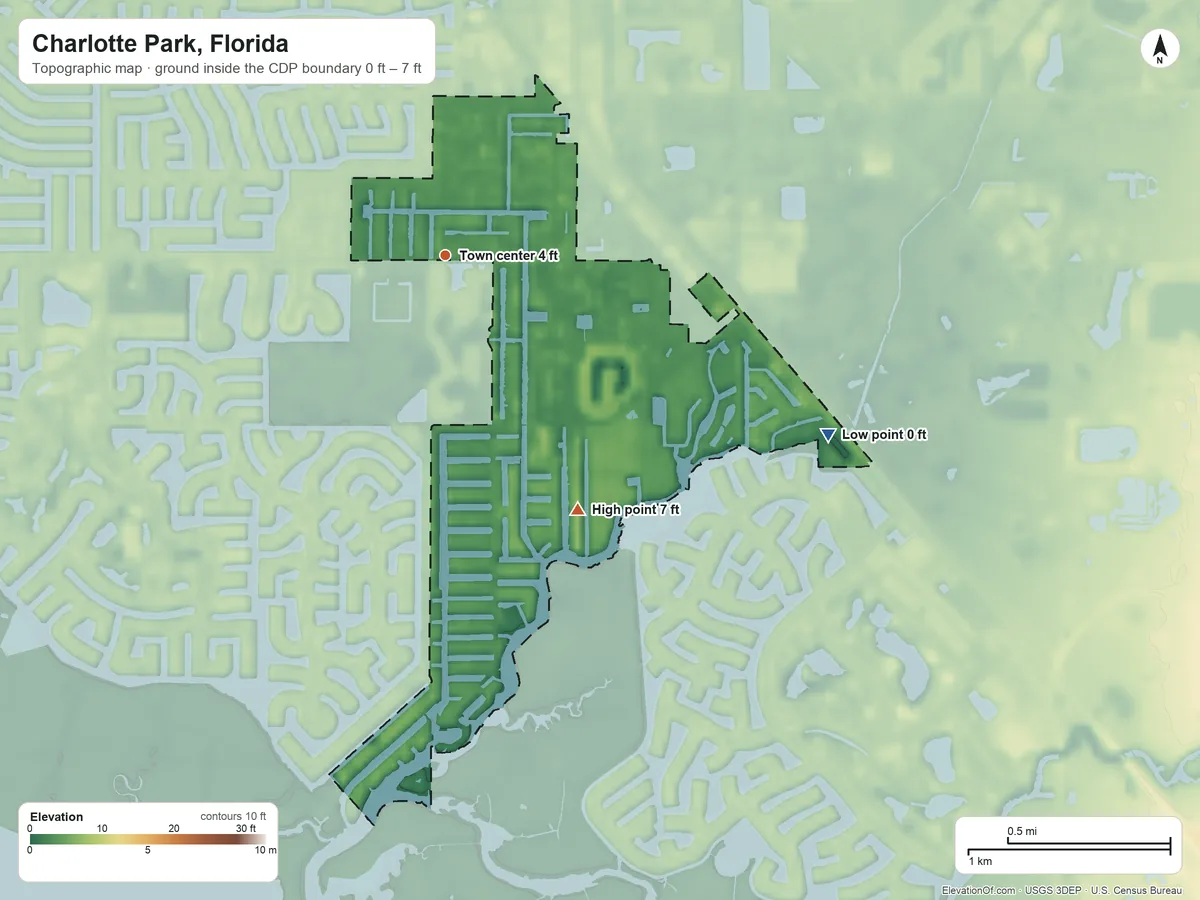 Topographic elevation map of Charlotte Park, Florida, shaded from 0 ft on the southeast side to 7 ft on the southeast side