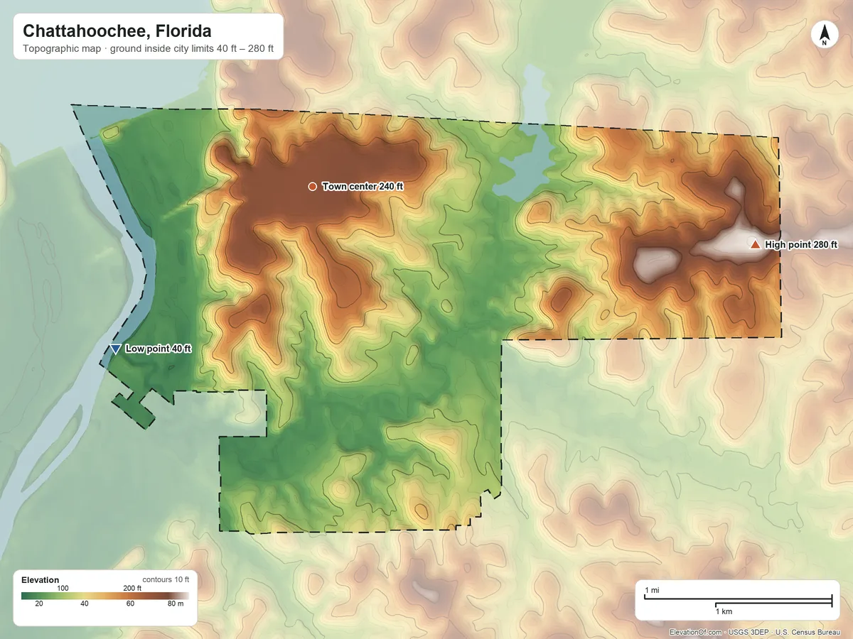 Topographic elevation map of Chattahoochee, Florida, shaded from 40 ft on the southwest side to 280 ft on the east side