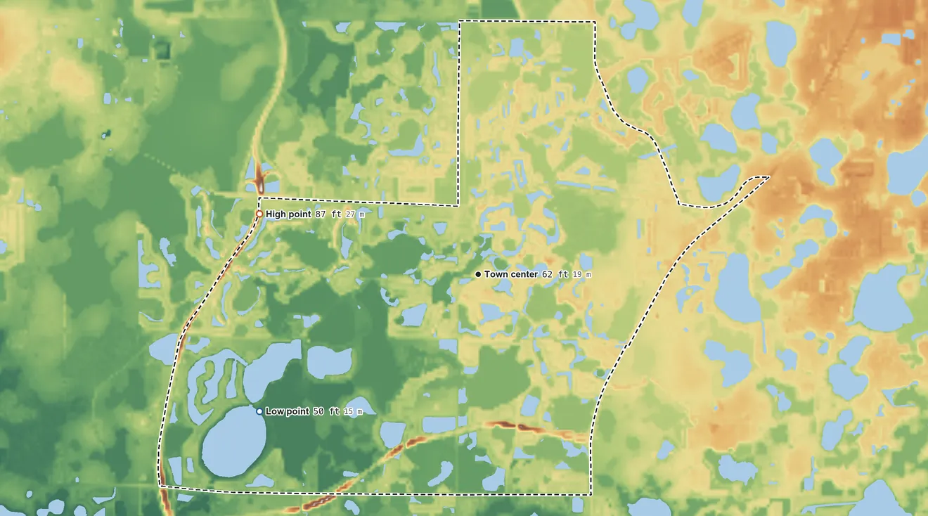 Topographic elevation map of Cheval, Florida, shaded from 50 ft on the southwest side to 87 ft on the west side