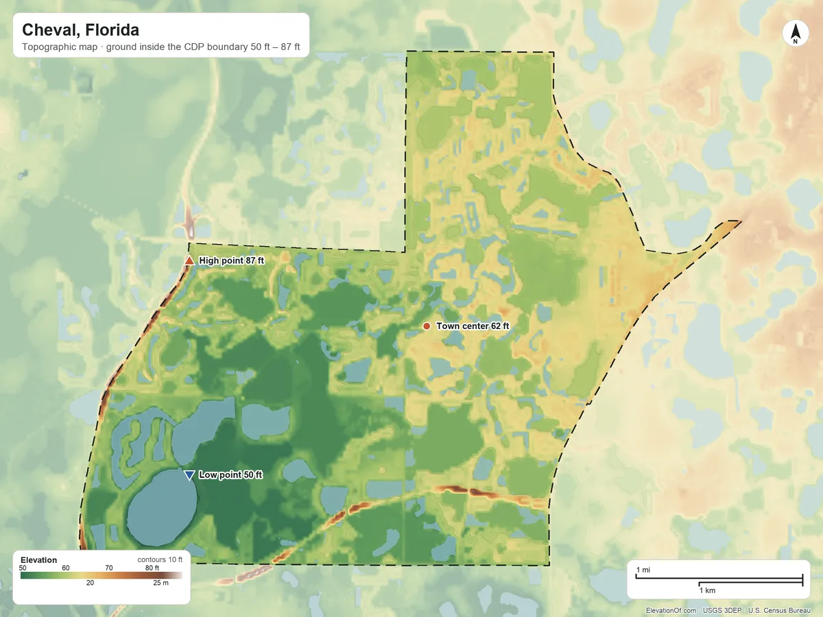 Topographic elevation map of Cheval, Florida, shaded from 50 ft on the southwest side to 87 ft on the west side