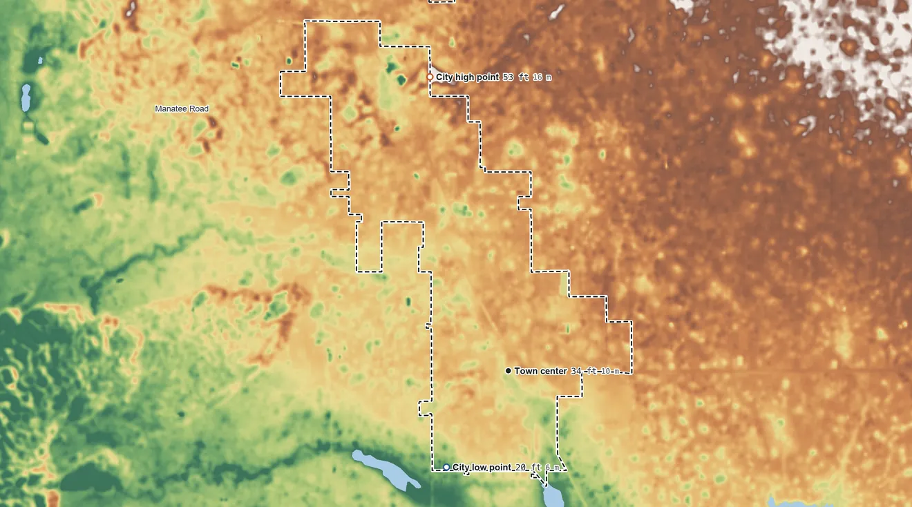 Topographic elevation map of Chiefland, Florida, shaded from 20 ft on the southwest side to 53 ft on the north side
