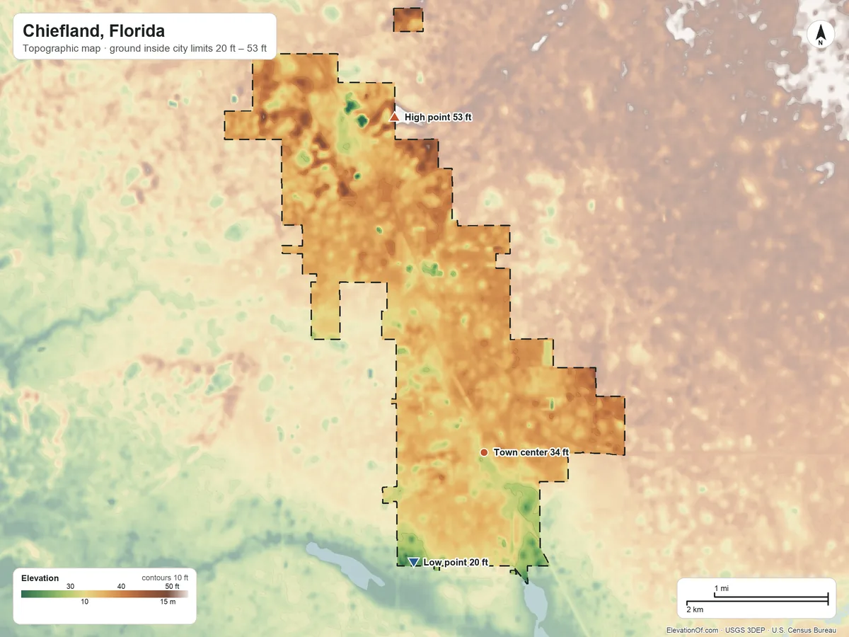 Topographic elevation map of Chiefland, Florida, shaded from 20 ft on the southwest side to 53 ft on the north side