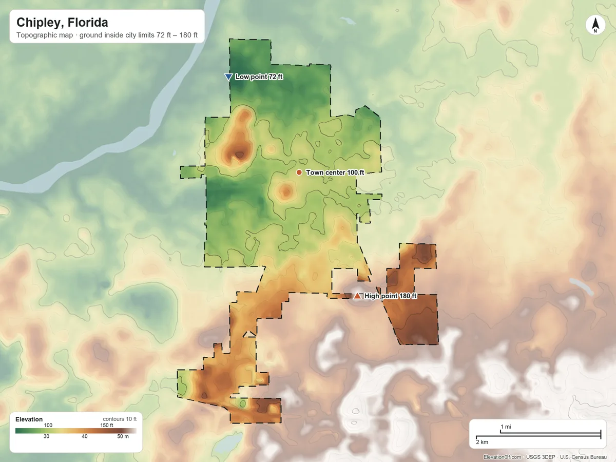 Topographic elevation map of Chipley, Florida, shaded from 72 ft on the northwest side to 180 ft on the southeast side