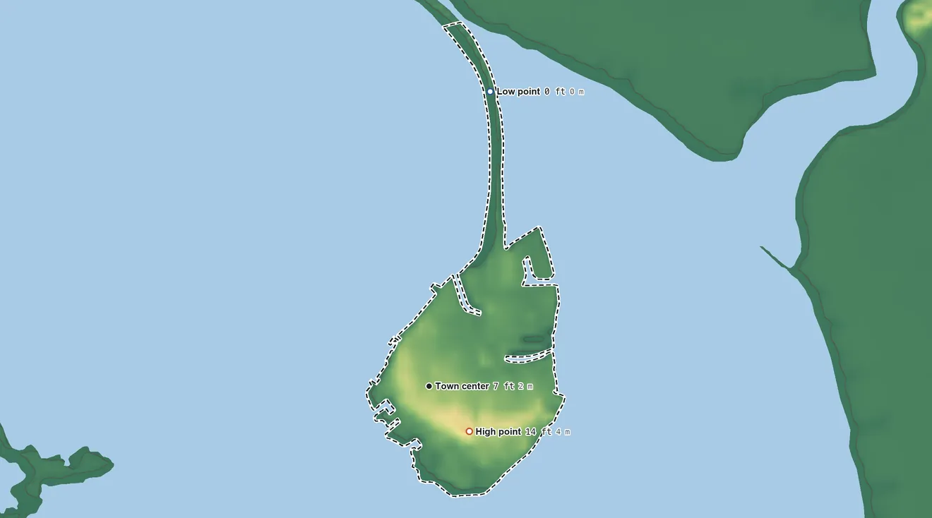 Topographic elevation map of Chokoloskee, Florida, shaded from sea level level on Chokoloskee Bay to 14 ft on the southeast side