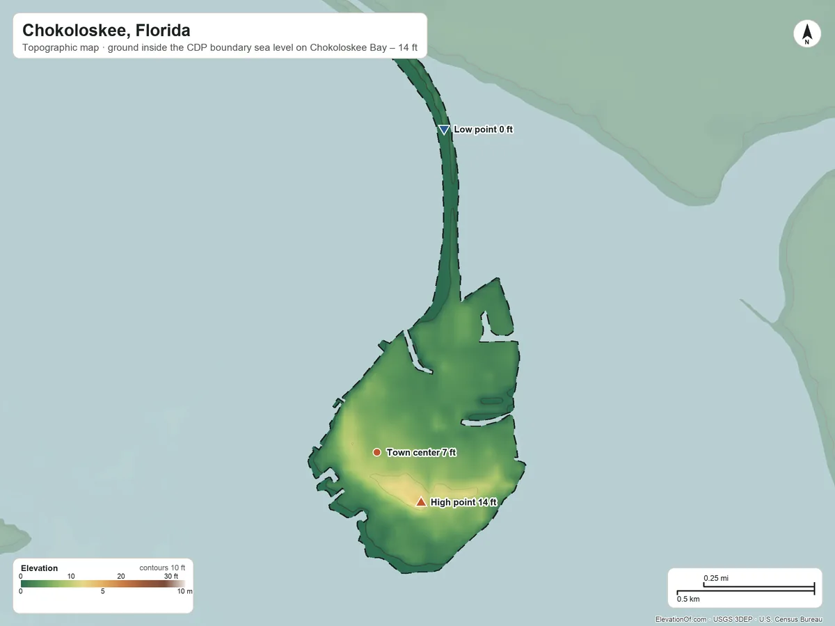 Topographic elevation map of Chokoloskee, Florida, shaded from sea level level on Chokoloskee Bay to 14 ft on the southeast side