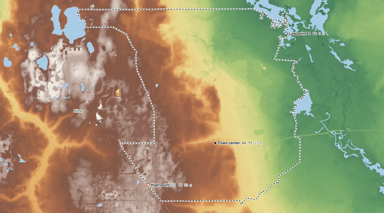 Topographic elevation map of Christmas, Florida, shaded from 0 ft on the northeast side to 73 ft on the southwest side
