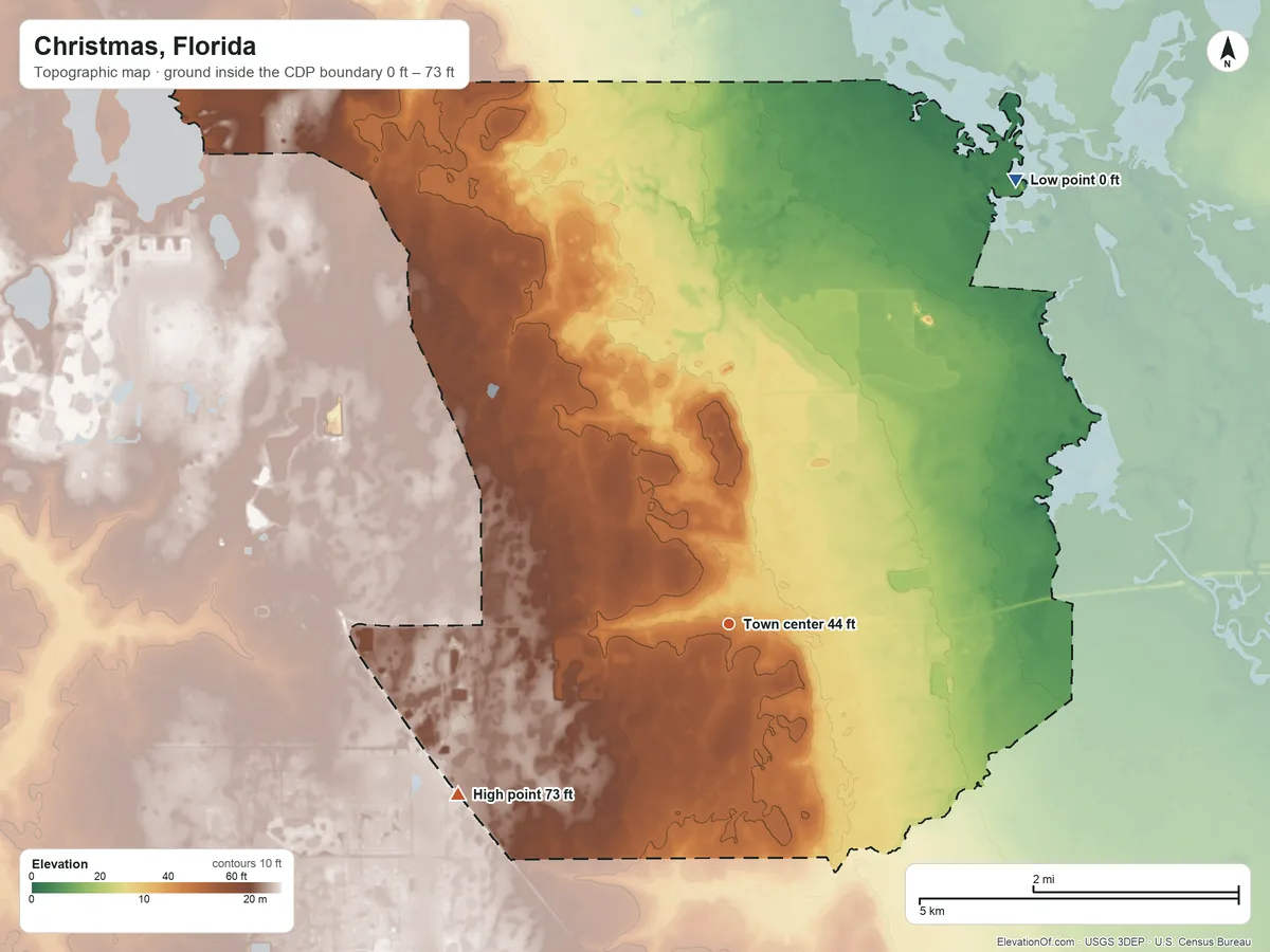 Topographic elevation map of Christmas, Florida, shaded from 0 ft on the northeast side to 73 ft on the southwest side