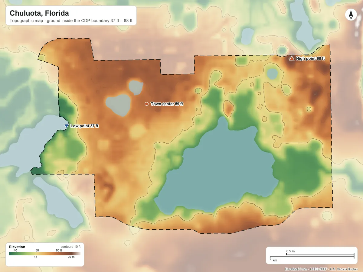 Topographic elevation map of Chuluota, Florida, shaded from 37 ft on the west side to 68 ft on the east side