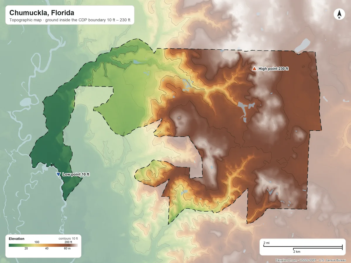 Topographic elevation map of Chumuckla, Florida, shaded from 10 ft on the west side to 230 ft on the north side