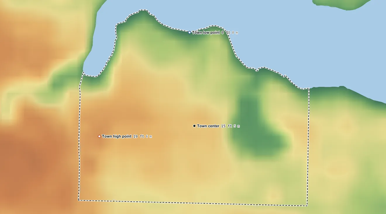 Topographic elevation map of Cinco Bayou, Florida, shaded from sea level level on the Cinco Bayou to 19 ft on the west side