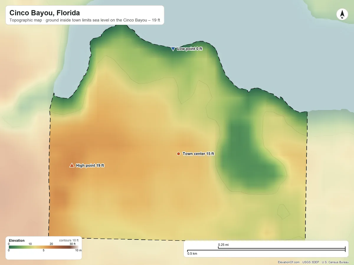 Topographic elevation map of Cinco Bayou, Florida, shaded from sea level level on the Cinco Bayou to 19 ft on the west side