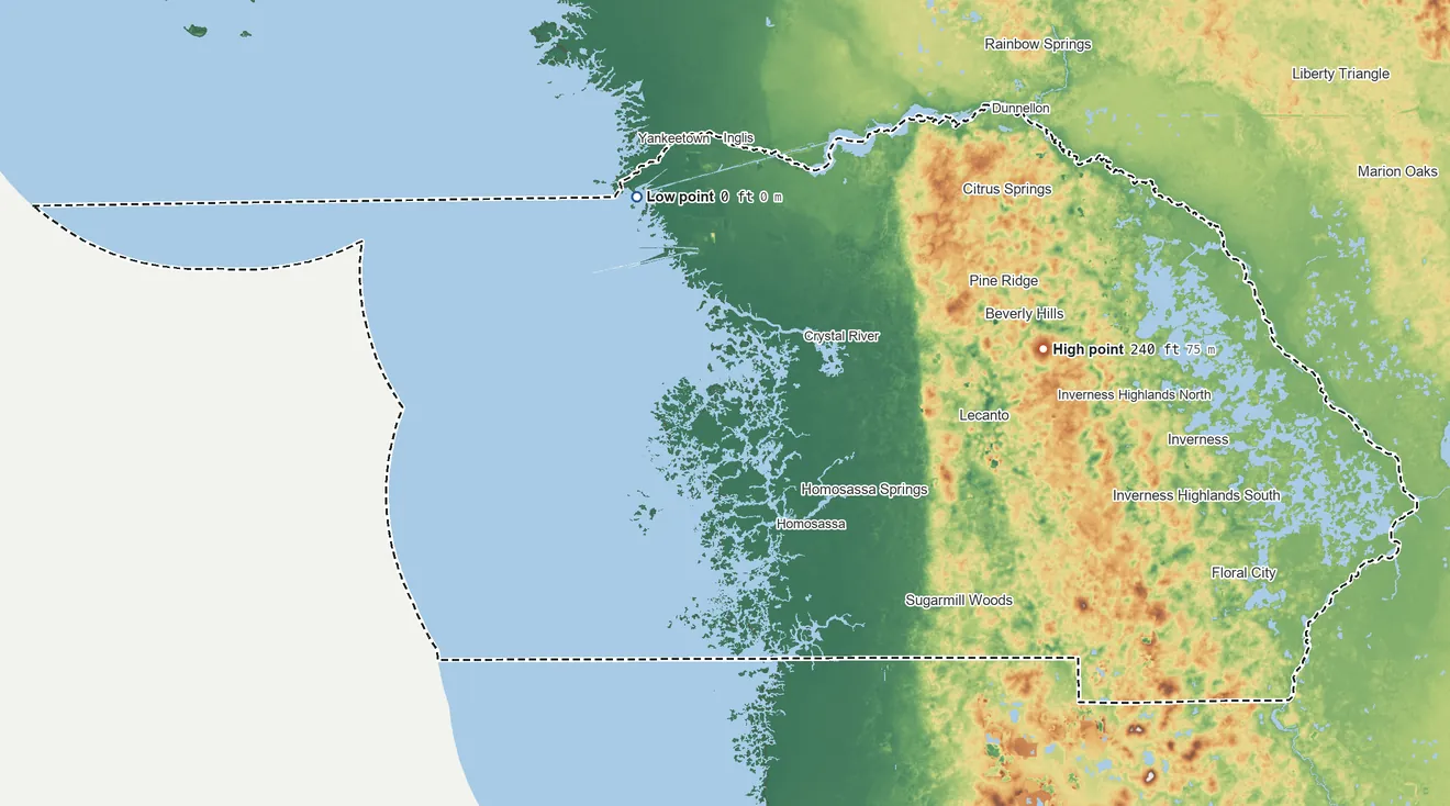 Topographic elevation map of Citrus County, Florida, shaded from sea level on the Gulf of America to 240 ft on the east side