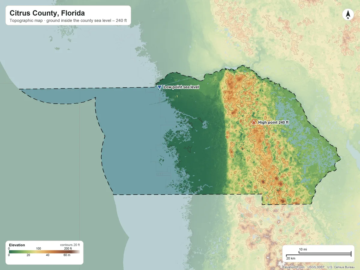 Topographic elevation map of Citrus County, Florida, shaded from sea level on the Gulf of America to 240 ft on the east side