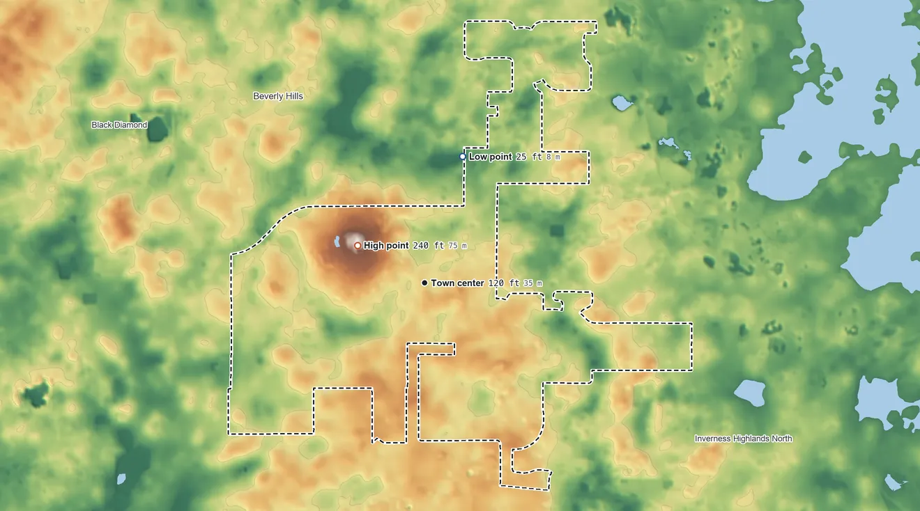 Topographic elevation map of Citrus Hills, Florida, shaded from 25 ft on the north side to 240 ft on the northwest side