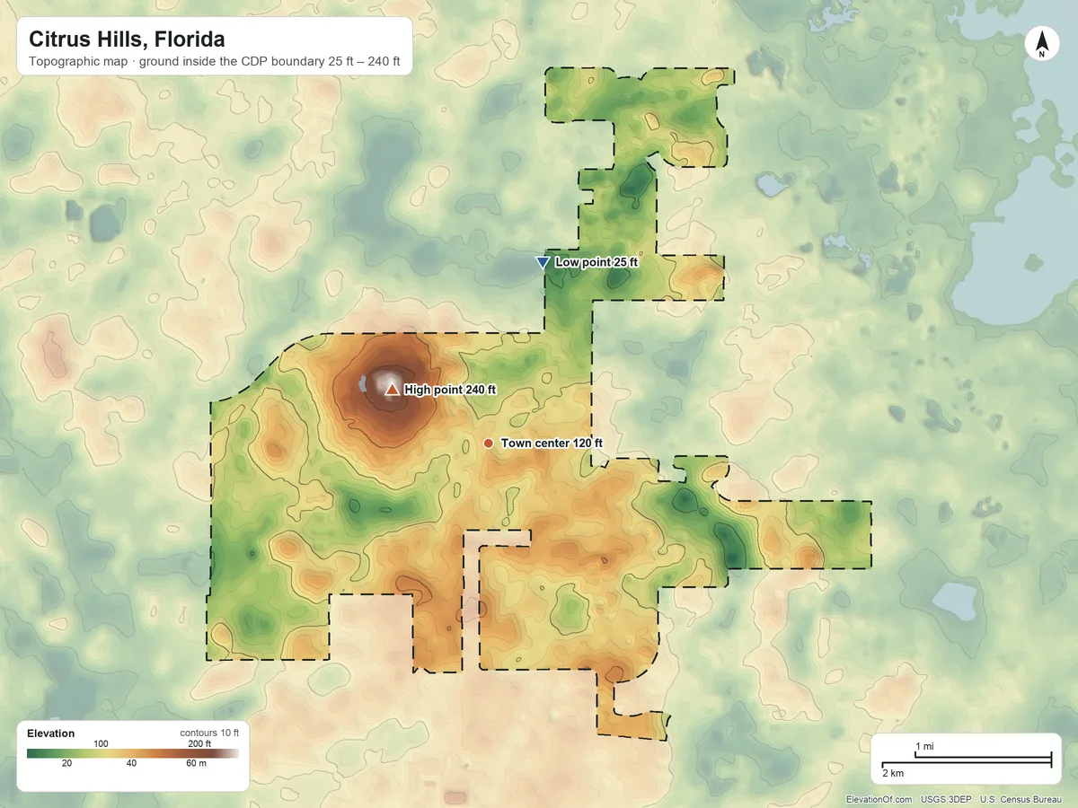 Topographic elevation map of Citrus Hills, Florida, shaded from 25 ft on the north side to 240 ft on the northwest side