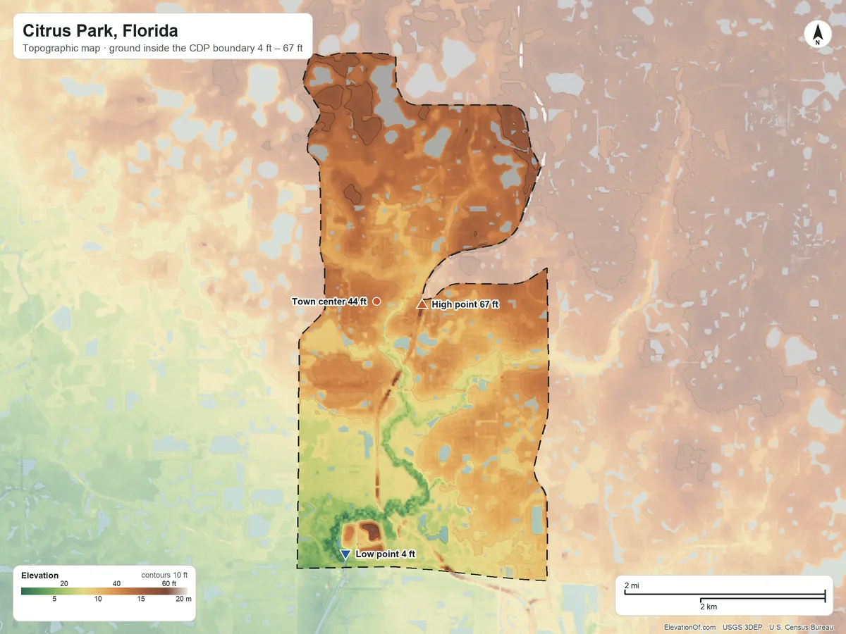 Topographic elevation map of Citrus Park, Florida, shaded from 4 ft on the south side to 67 ft near the middle