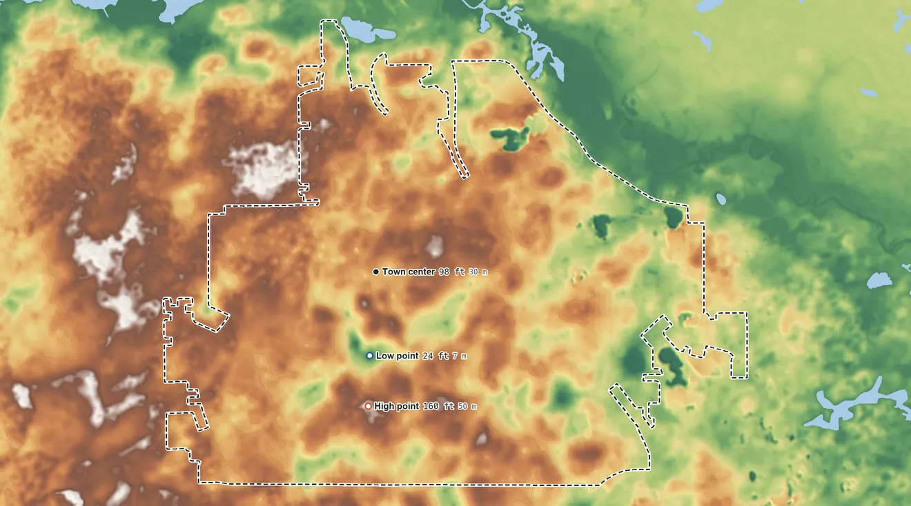 Topographic elevation map of Citrus Springs, Florida, shaded from 24 ft on the south side to 160 ft on the south side