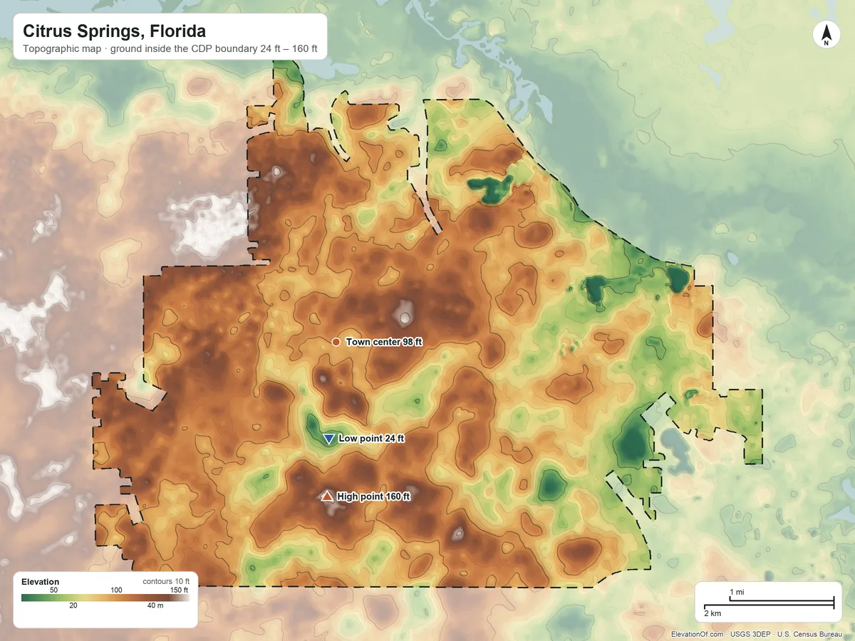 Topographic elevation map of Citrus Springs, Florida, shaded from 24 ft on the south side to 160 ft on the south side