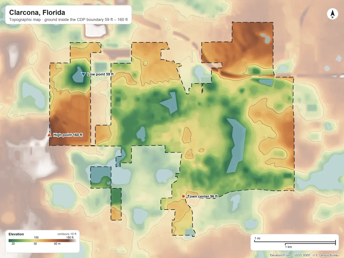 Topographic elevation map of Clarcona, Florida, shaded from 59 ft on the northwest side to 160 ft on the northwest side