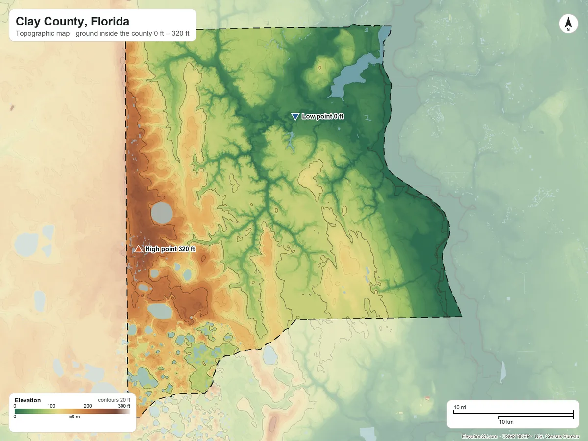 Topographic elevation map of Clay County, Florida, shaded from 0 ft on the north side to 320 ft on the west side