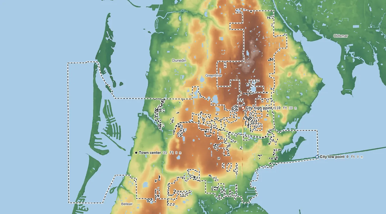 Topographic elevation map of Clearwater, Florida, shaded from sea level level on Safety Harbor to 110 ft on the northeast side