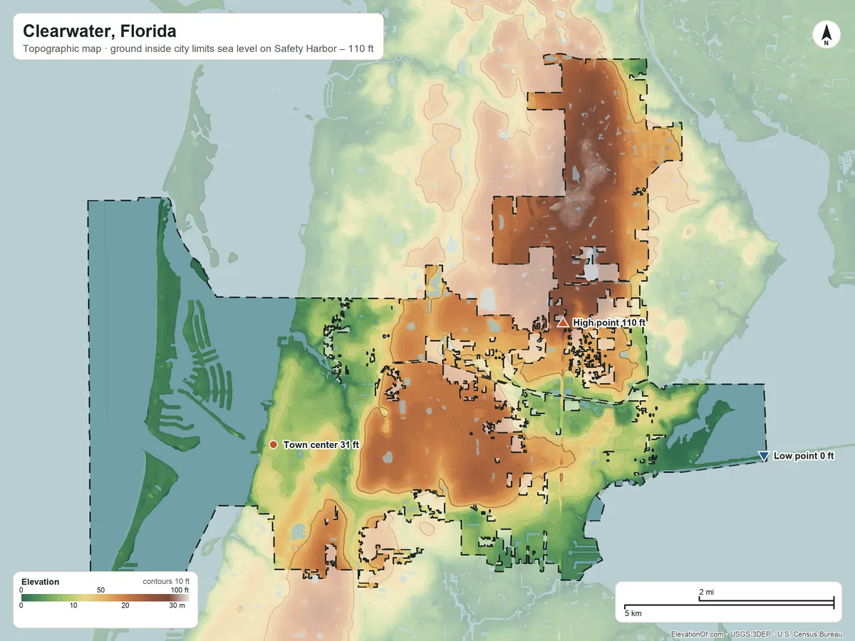 Topographic elevation map of Clearwater, Florida, shaded from sea level level on Safety Harbor to 110 ft on the northeast side
