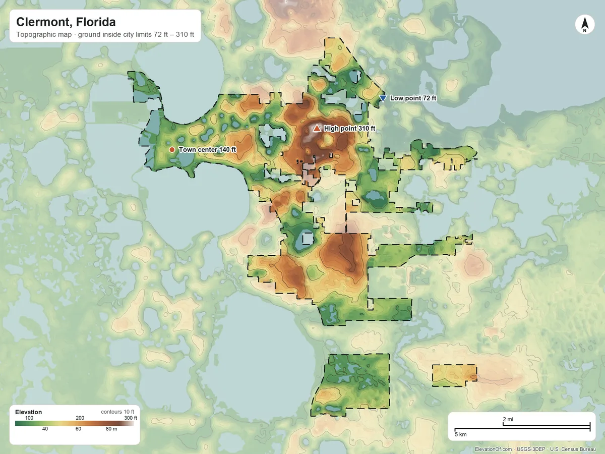 Topographic elevation map of Clermont, Florida, shaded from 72 ft on the east side to 310 ft on the east side