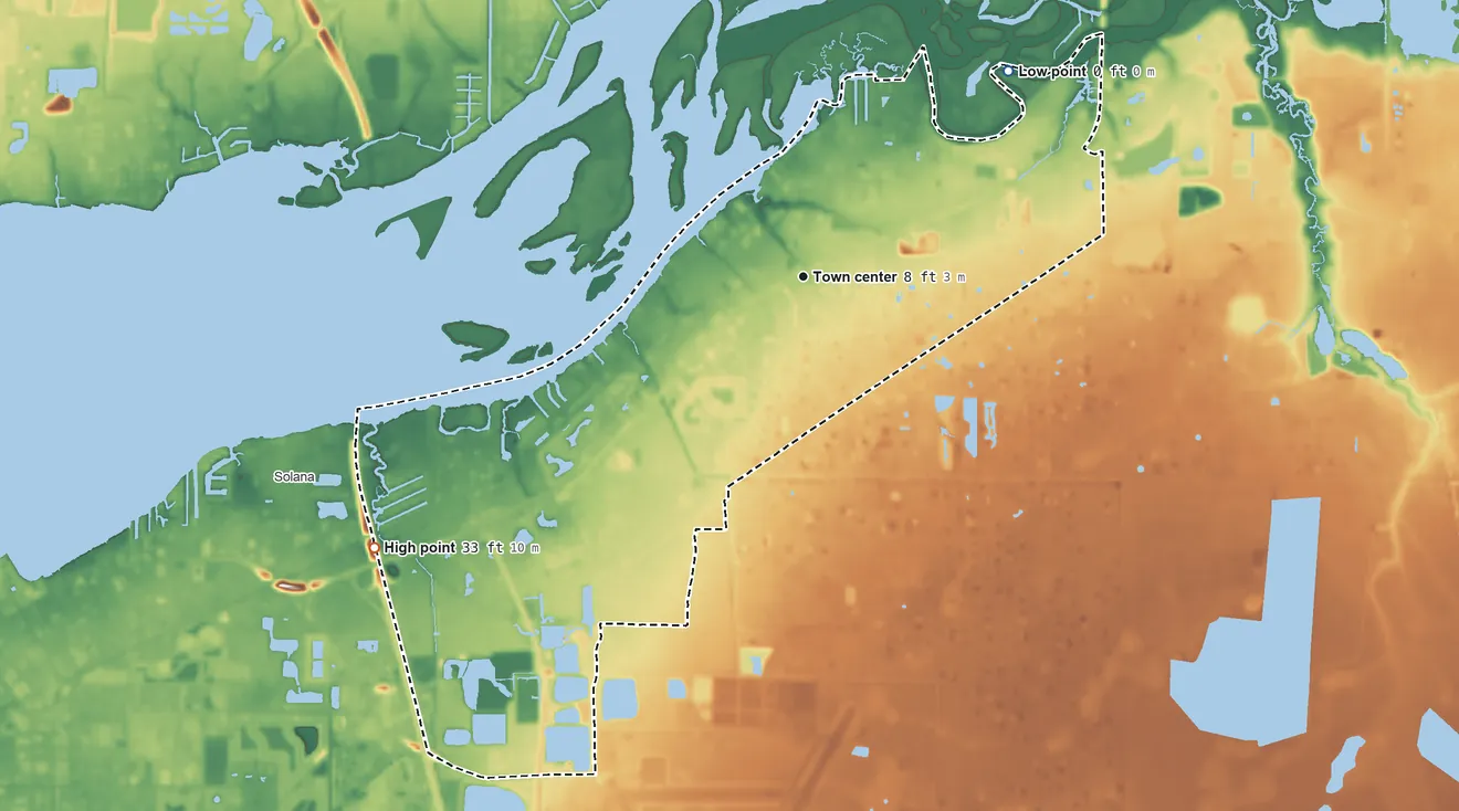Topographic elevation map of Cleveland, Florida, shaded from 0 ft on the northeast side to 33 ft on the southwest side