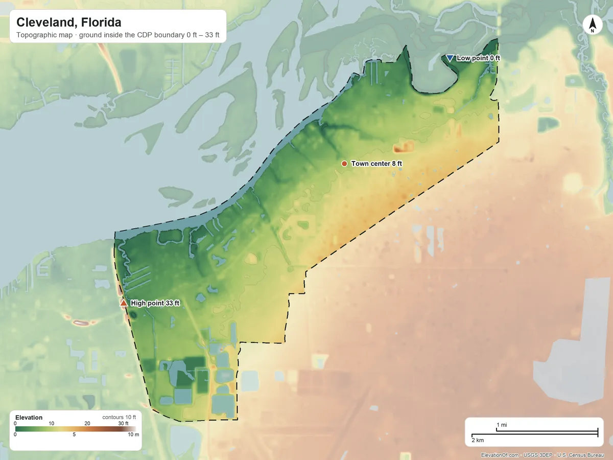 Topographic elevation map of Cleveland, Florida, shaded from 0 ft on the northeast side to 33 ft on the southwest side
