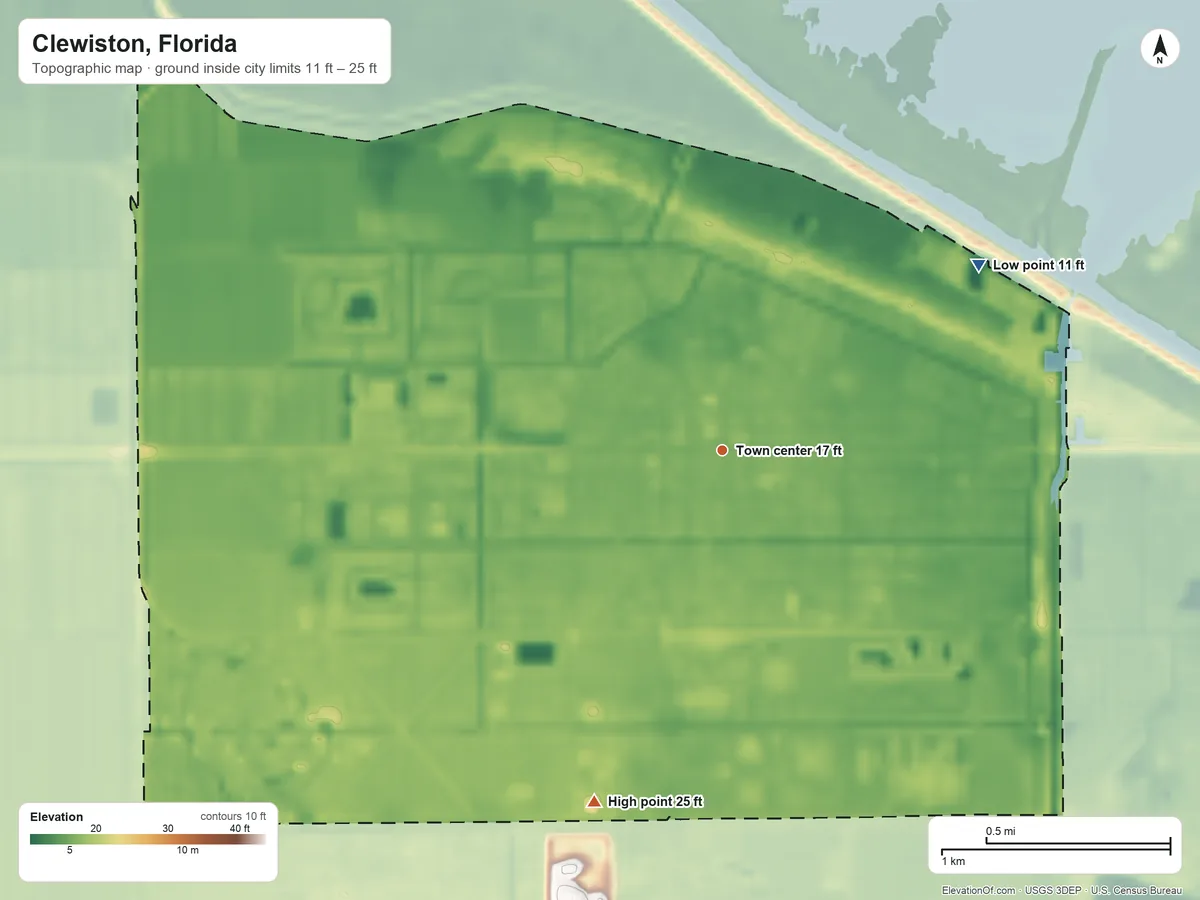 Topographic elevation map of Clewiston, Florida, shaded from 11 ft on the northeast side to 25 ft on the south side