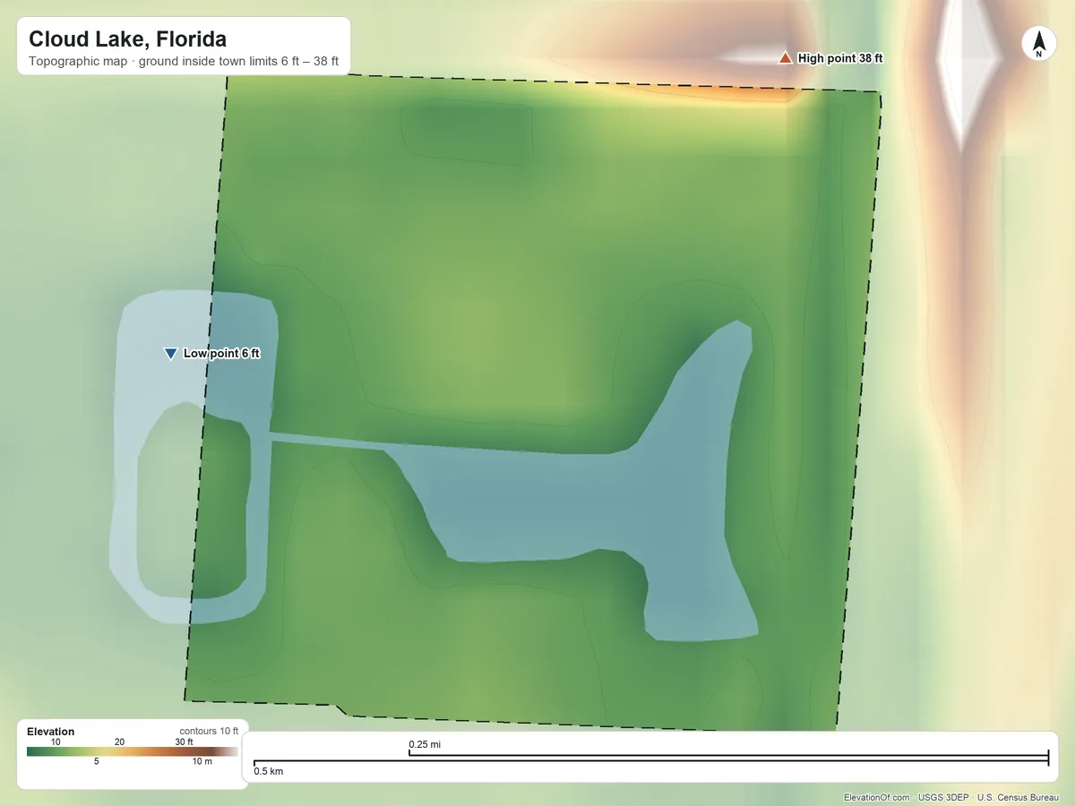 Topographic elevation map of Cloud Lake, Florida, shaded from 6 ft on the west side to 38 ft on the northeast side