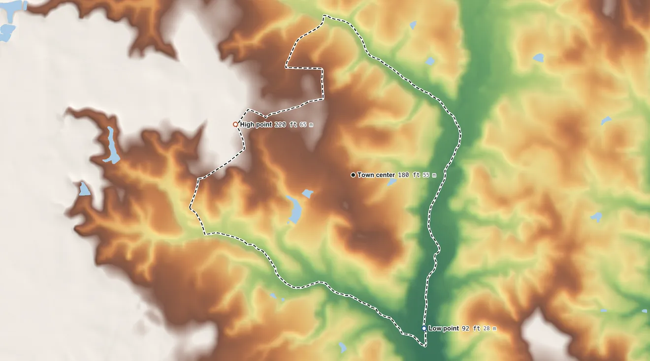 Topographic elevation map of Cobbtown, Florida, shaded from 92 ft on the southeast side to 220 ft on the northwest side