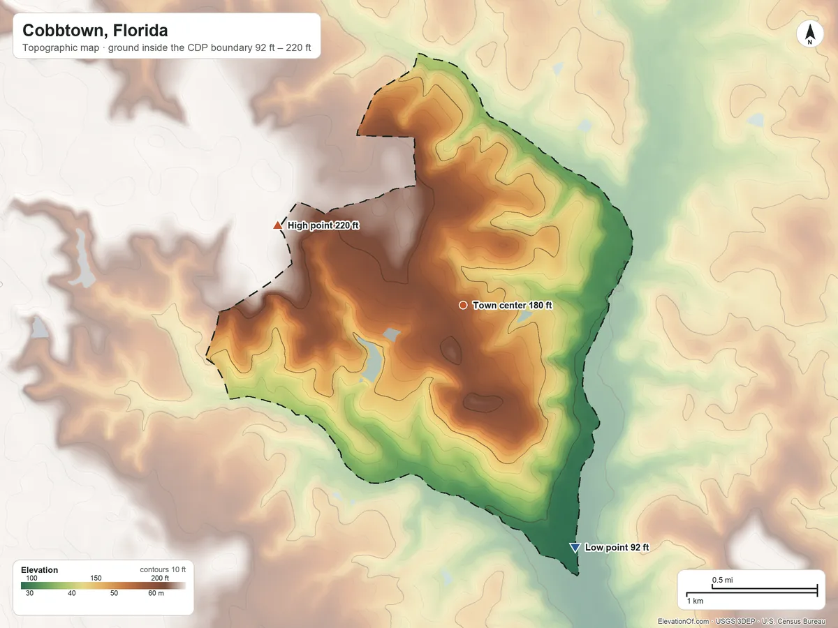 Topographic elevation map of Cobbtown, Florida, shaded from 92 ft on the southeast side to 220 ft on the northwest side
