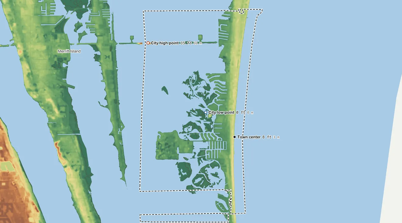 Topographic elevation map of Cocoa Beach, Florida, shaded from sea level level on the Atlantic Ocean to 35 ft on the northwest side